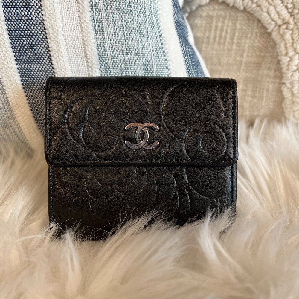Chanel Embossed Camellia Flower Black Wallet